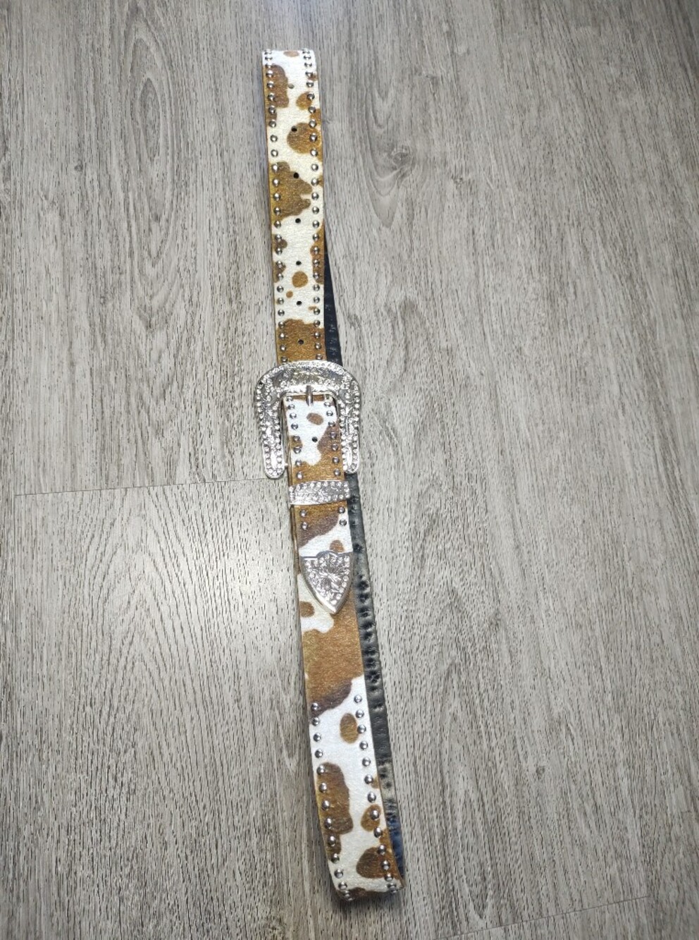 NEW Cowhide Western Silver Buckle Belt - Brown And White - Picture 6 of 10